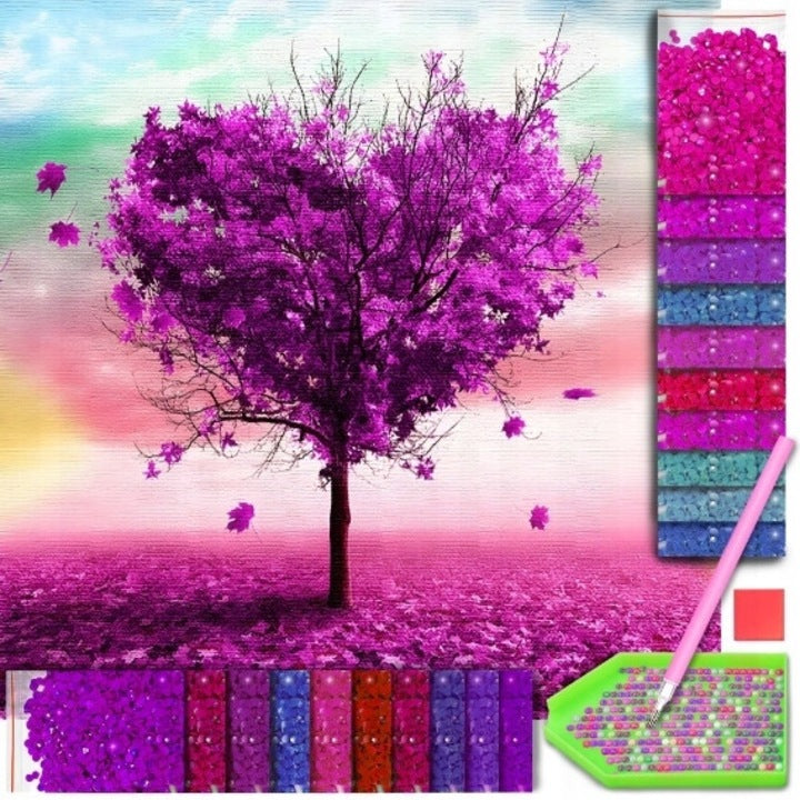 Goblen mozaic cu diamante, Zola®, model pom cu flori in forma de inima, 30x30 cm, mov Goblen mozaic cu diamante, Zola®, model pom cu flori in forma de inima, 30x30 cm, mov